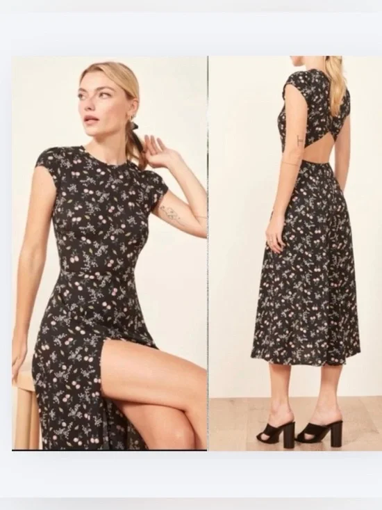 Reformation Gavin Dress Sasha Floral High Slit Cut Out Back Midi Black 4 - Picture 3 of 16